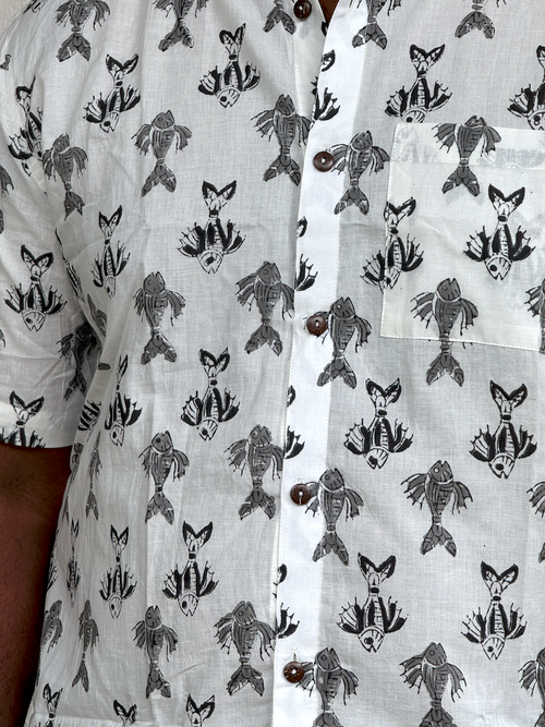Fish Tales hand block printed shirt – natural dye, handcrafted cotton clothing by Studio Manjusha