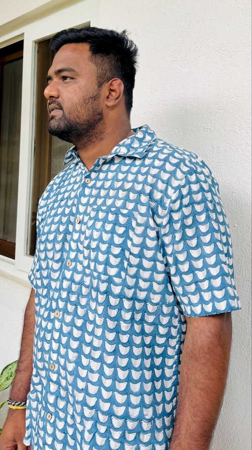 White Birds hand block printed shirt – natural dye, handcrafted cotton clothing by Studio Manjusha