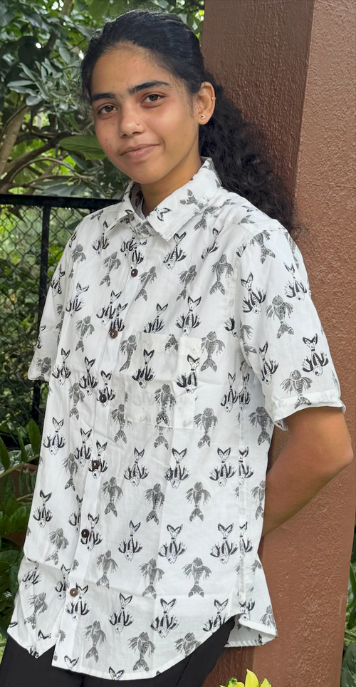 Fish Tales hand block printed shirt – natural dye, handcrafted cotton clothing by Studio Manjusha