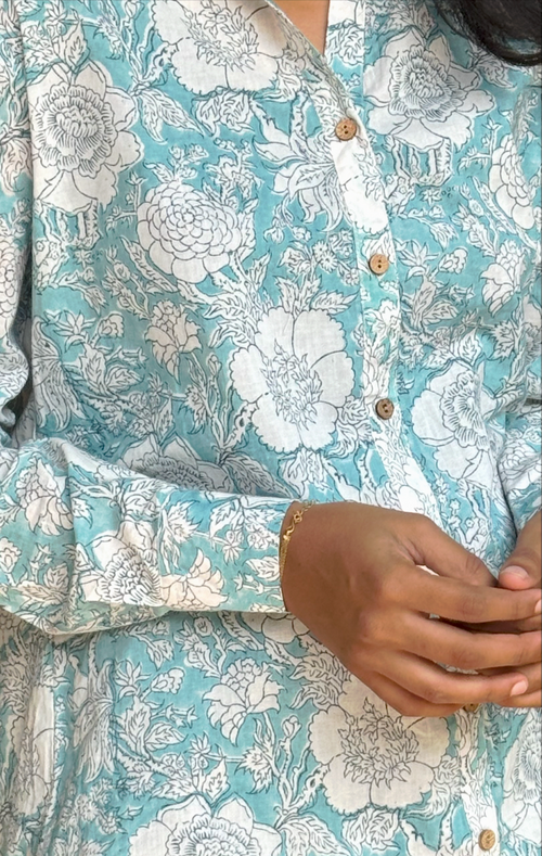 Aqua Bloom hand block printed kurti shirt – natural dye, handcrafted cotton clothing by Studio Manjusha