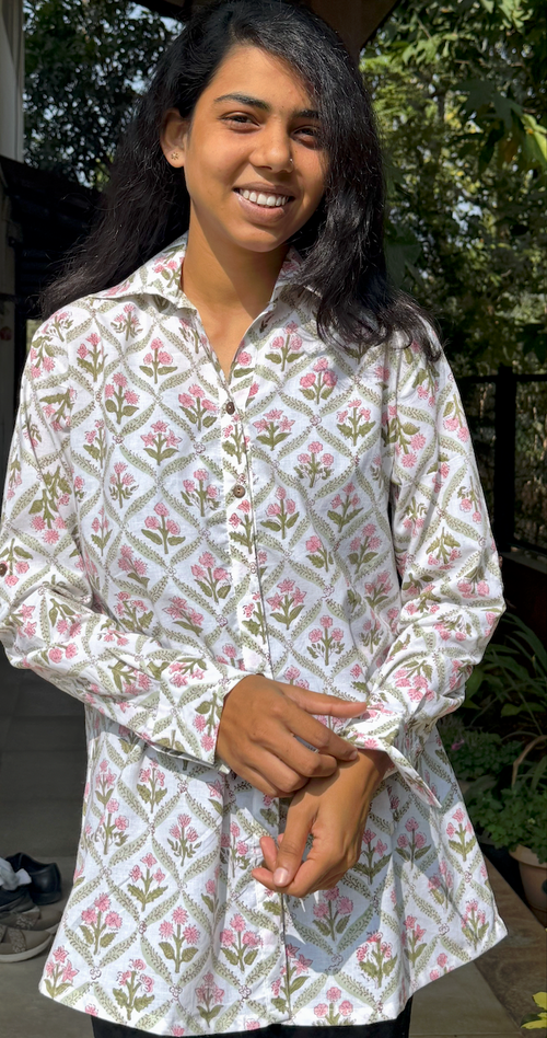 Soft Lattice Pinku hand block printed kurti shirt – natural dye, handcrafted cotton clothing by Studio Manjusha