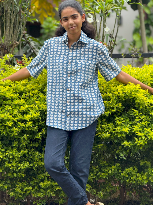 White Birds hand block printed shirt – natural dye, handcrafted cotton clothing by Studio Manjusha