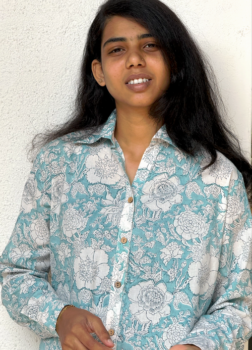 Aqua Bloom hand block printed kurti shirt – natural dye, handcrafted cotton clothing by Studio Manjusha