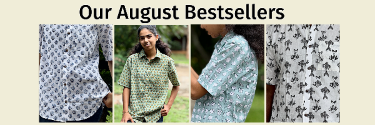 August bestsellers banner with patterned shirts and a person wearing one.