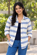 Blue and Weft shirt on a distinctly different AI fashion model