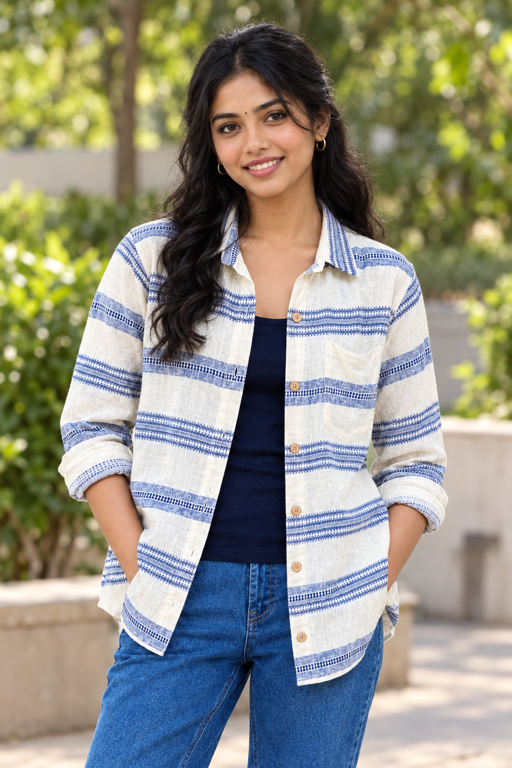 Blue and Weft shirt on a distinctly different AI fashion model