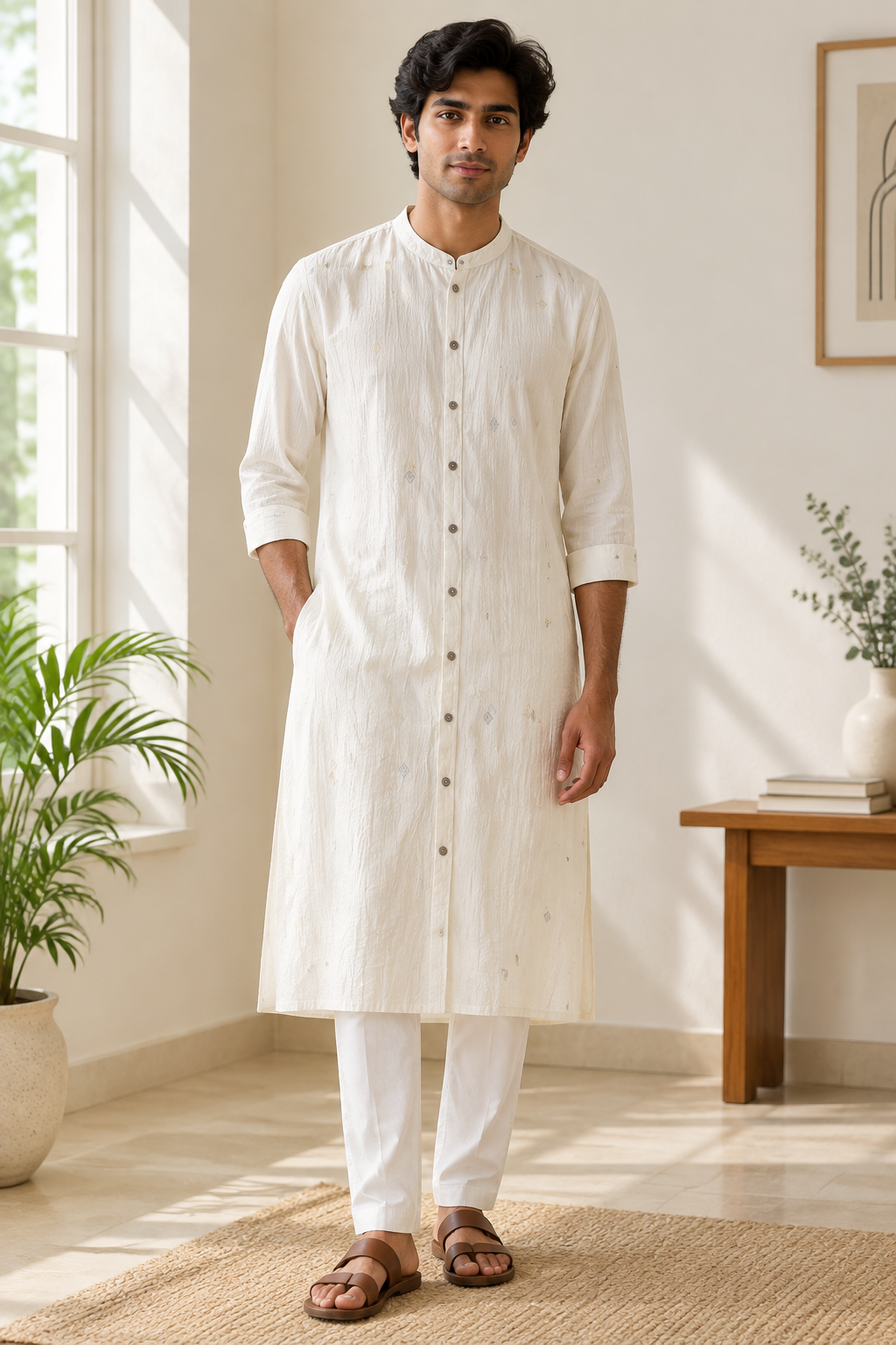 Charm & Calm dress worn by a young Indian man indoors