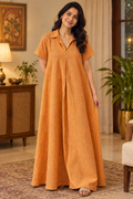 Corrected Marigold Wave dress with bright orange fabric and thin blue vertical stripes