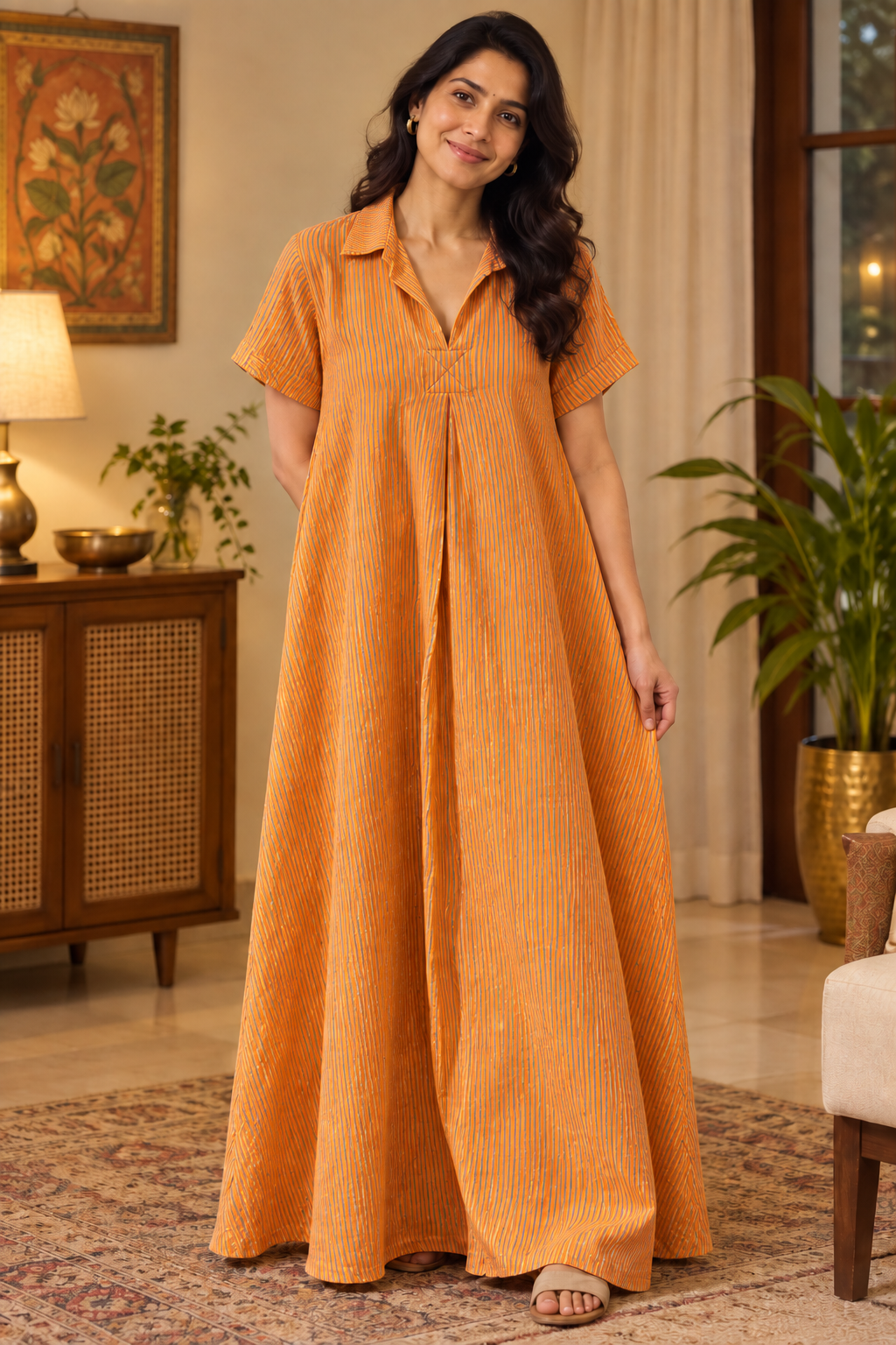 Corrected Marigold Wave dress with bright orange fabric and thin blue vertical stripes