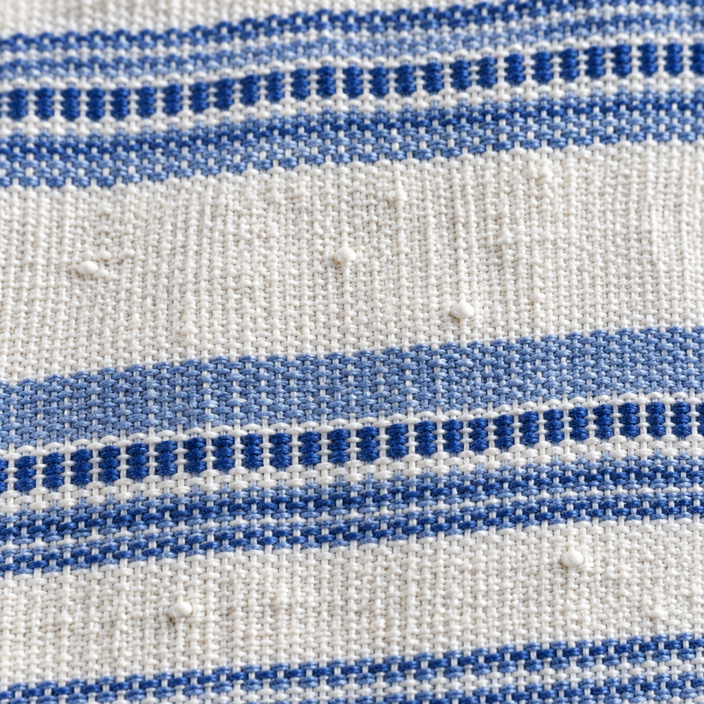 Macro photograph of blue and white handwoven kala cotton fabric