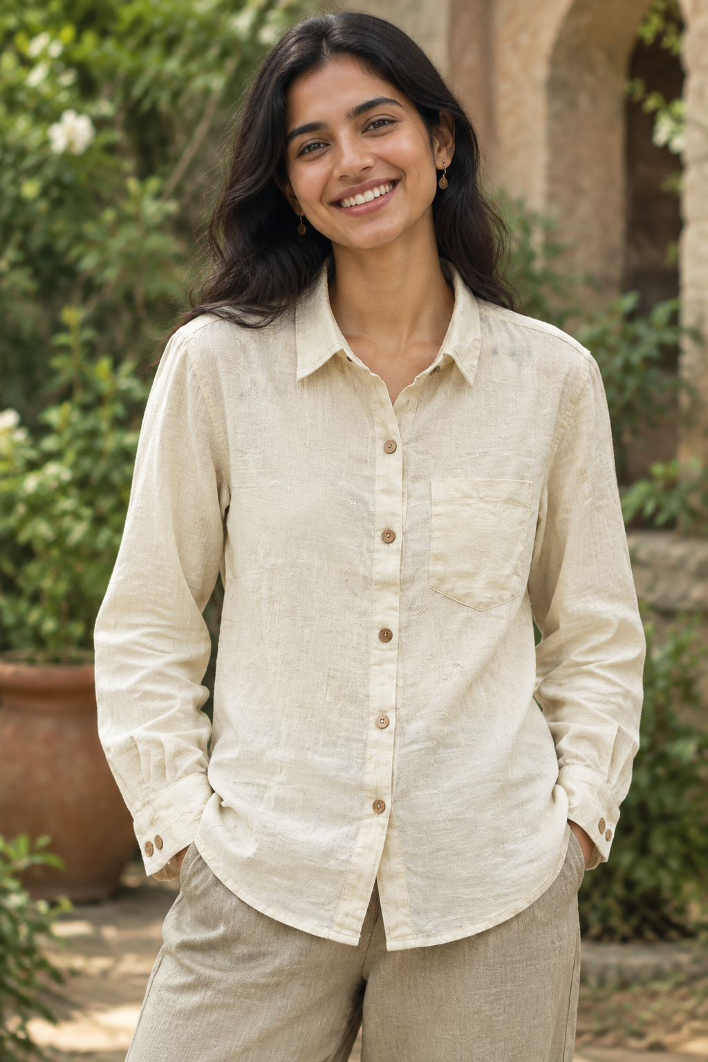 White Comfort shirt on a smiling Indian woman outdoors